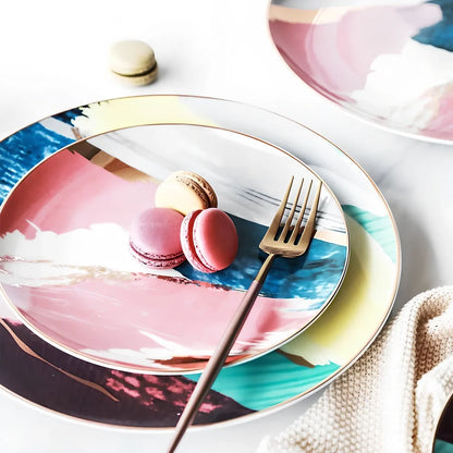 Watercolor dessert plates set in pink with 26.5 cm diameter, 45% bone china, real gold edges on handmade porcelain