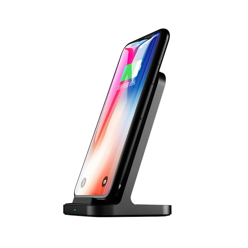 Vertical wireless charger desktop base with universal compatibility for Apple iPhones, featuring 10W maximum output power in a dark grey finish measuring 70mm by 70mm by 113mm for convenient upright phone charging.