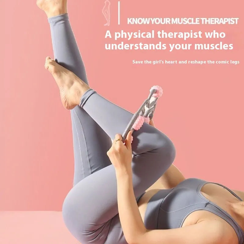Ring clip leg massager roller with 12 wheels in macaron pink colour, showing adjustable grip and PP material construction