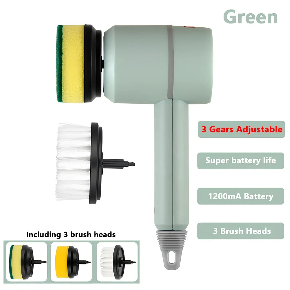 Electric cleaning brush with pink housing and multiple brush attachments for kitchen and bathroom surfaces