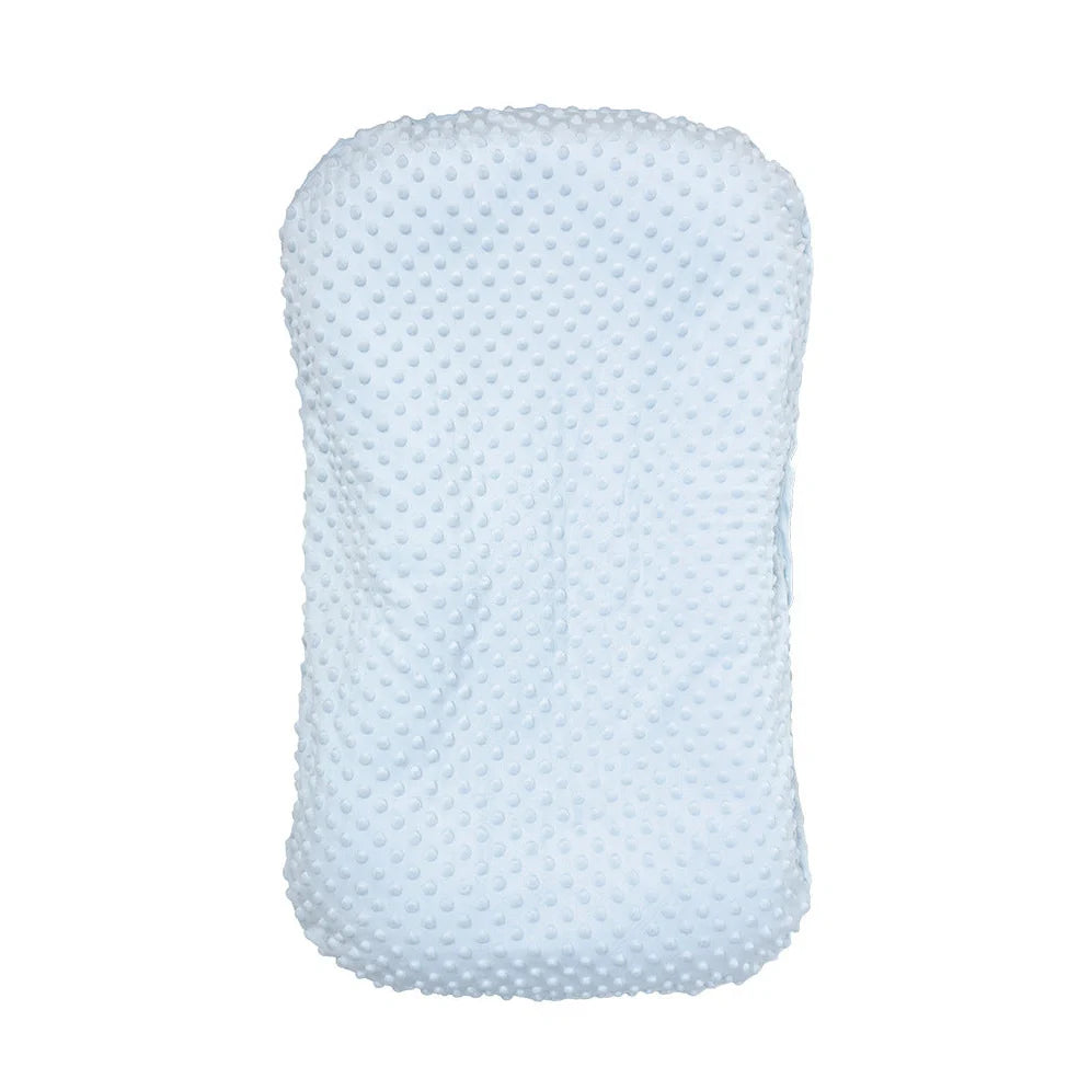 Portable crib with interchangeable fabric cover showing 75x45cm dimensions and multiple colour options