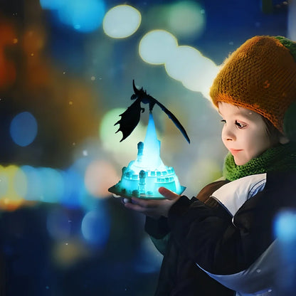 Breathing lamp with 200mm PVC shade in dragon design colours on wooden surface