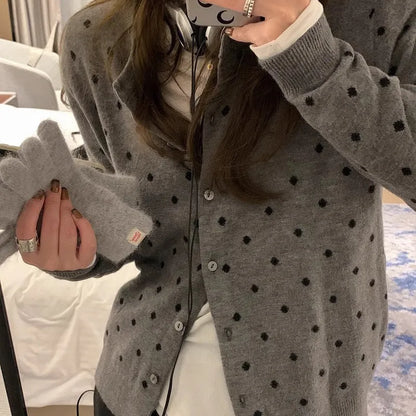 Women's gray dot knitted cardigan with viscose fabric, long sleeves, and crocheted flower details