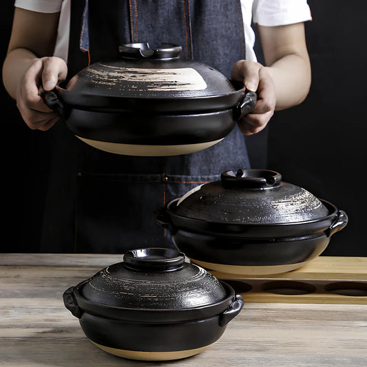 Korean ceramic stew pot with air hole lid showing 8cm depth and gas stove compatible base