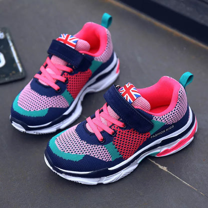 Kids' breathable mesh running shoes in pink, grey orange, and royal blue grey