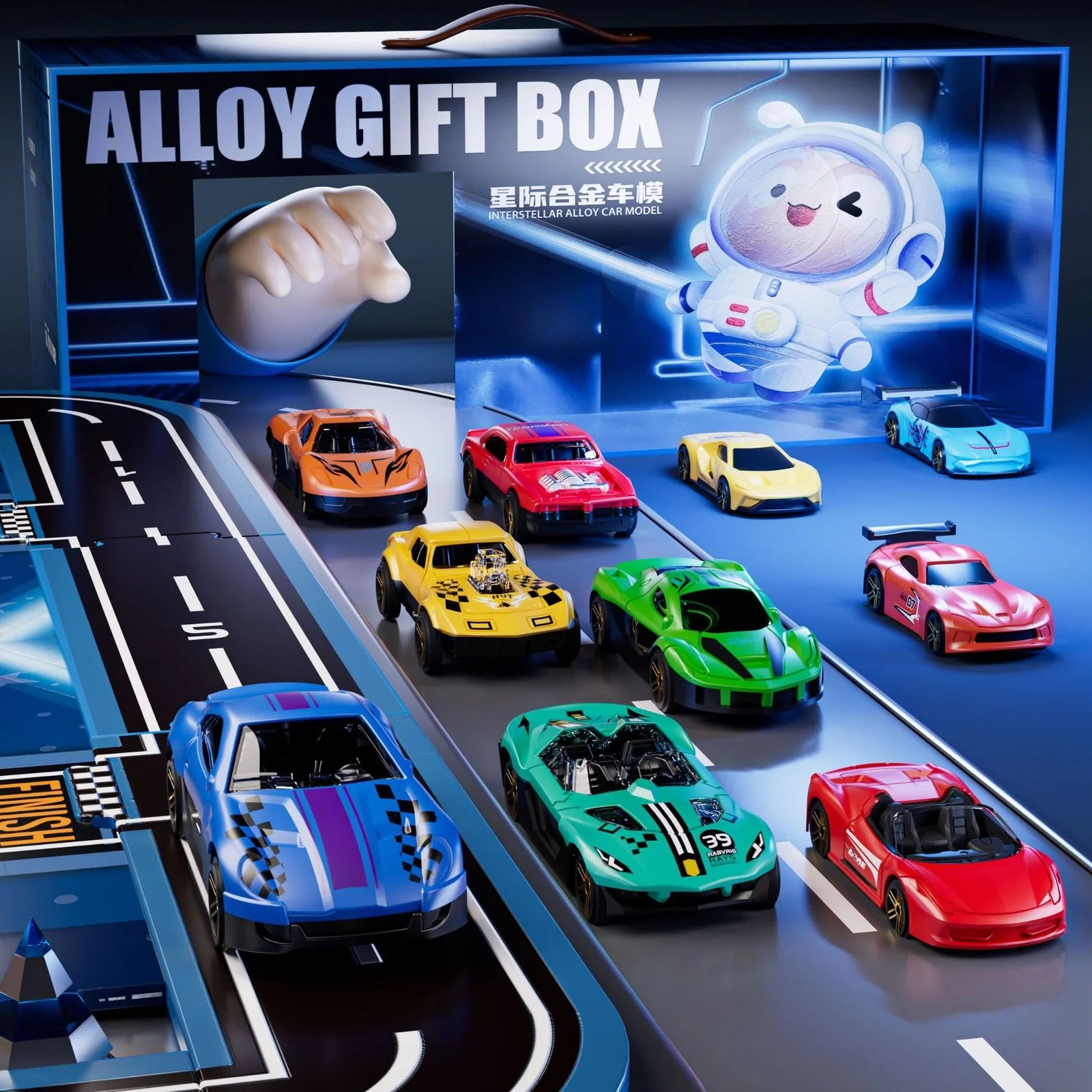 Alloy car toy set with 20 die-cast vehicles, 5 barricades and 18 puzzle pieces in container gift box
