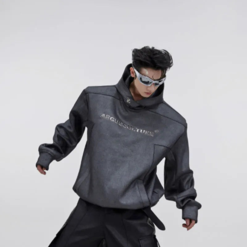 Men's red hooded sweater with heavy shoulder pads and raised metal printing details on front