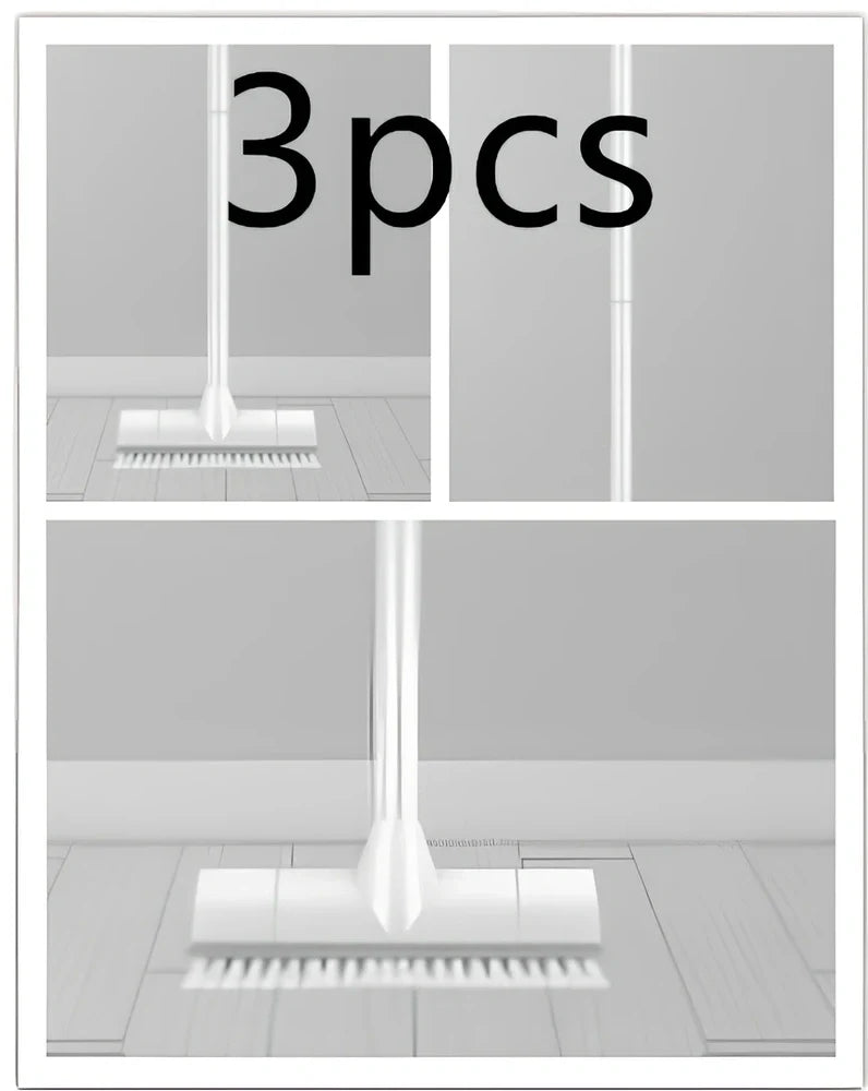 Foldable floor scrub brush with extended handle and integrated scraper for bathroom cleaning