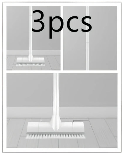 Foldable floor scrub brush with extended handle and integrated scraper for bathroom cleaning