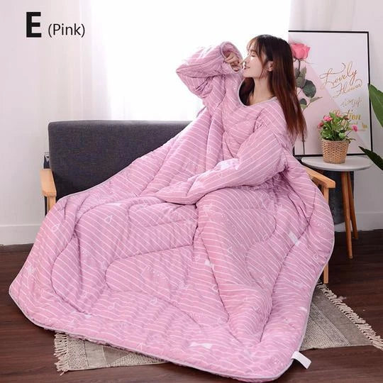 Cozy fleece blanket with sleeves in various colors, perfect for relaxing and enjoying indoor activities