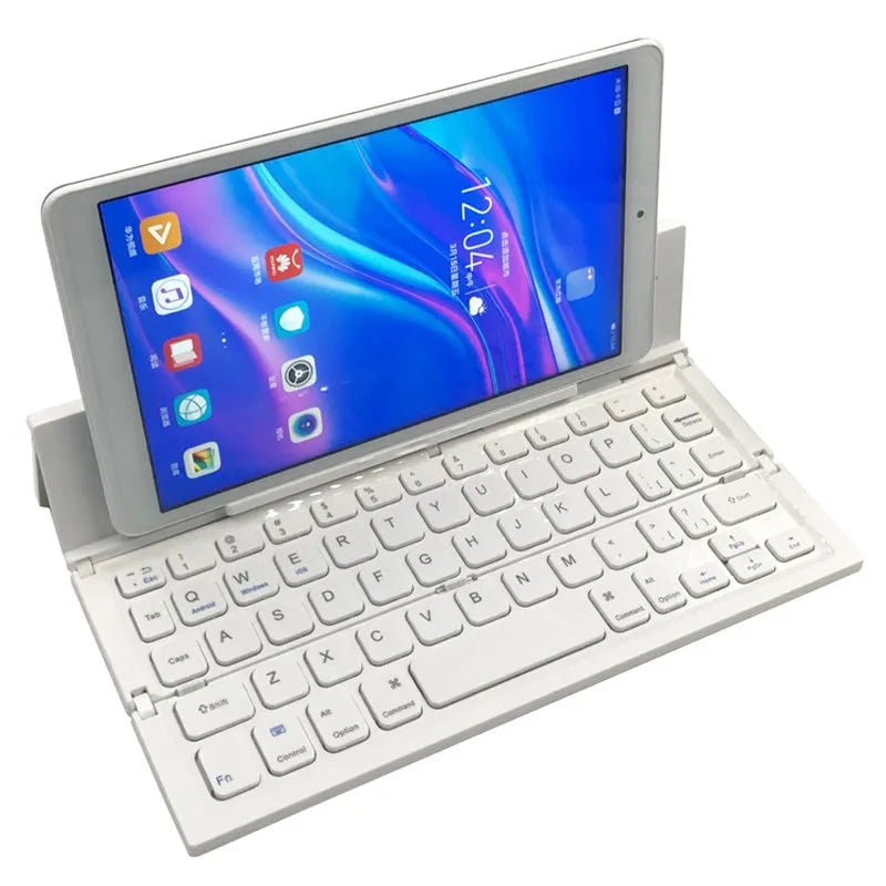 Black folding Bluetooth keyboard for tablets showing compact 5.8-inch size with wrist support extended