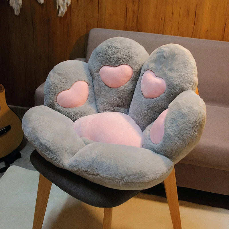 Cat paw plush chair cushion in various colors, soft cotton cover, fiber filling, home decor