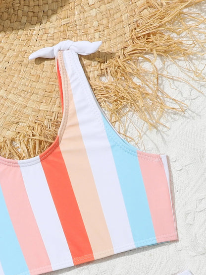 Girls' plaid print two-piece swimsuit bikini set on a white background