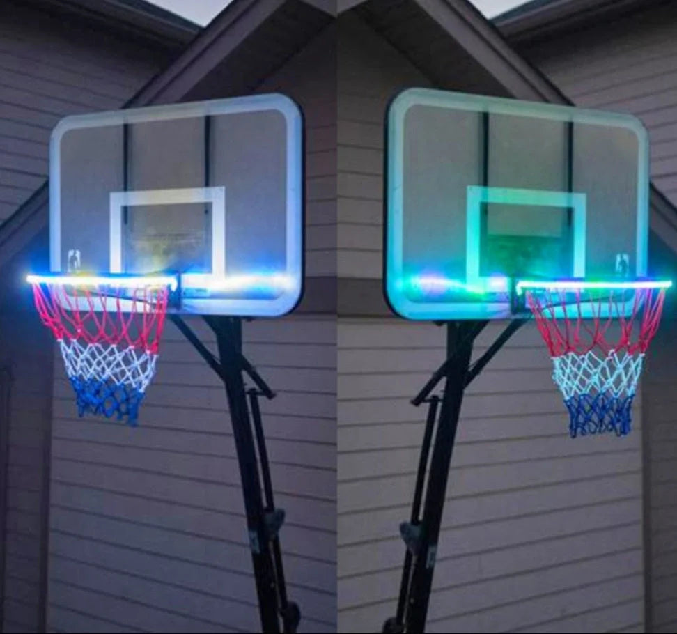 Induction Color Changing Basketball Frame Light attached to rim, illuminating at night