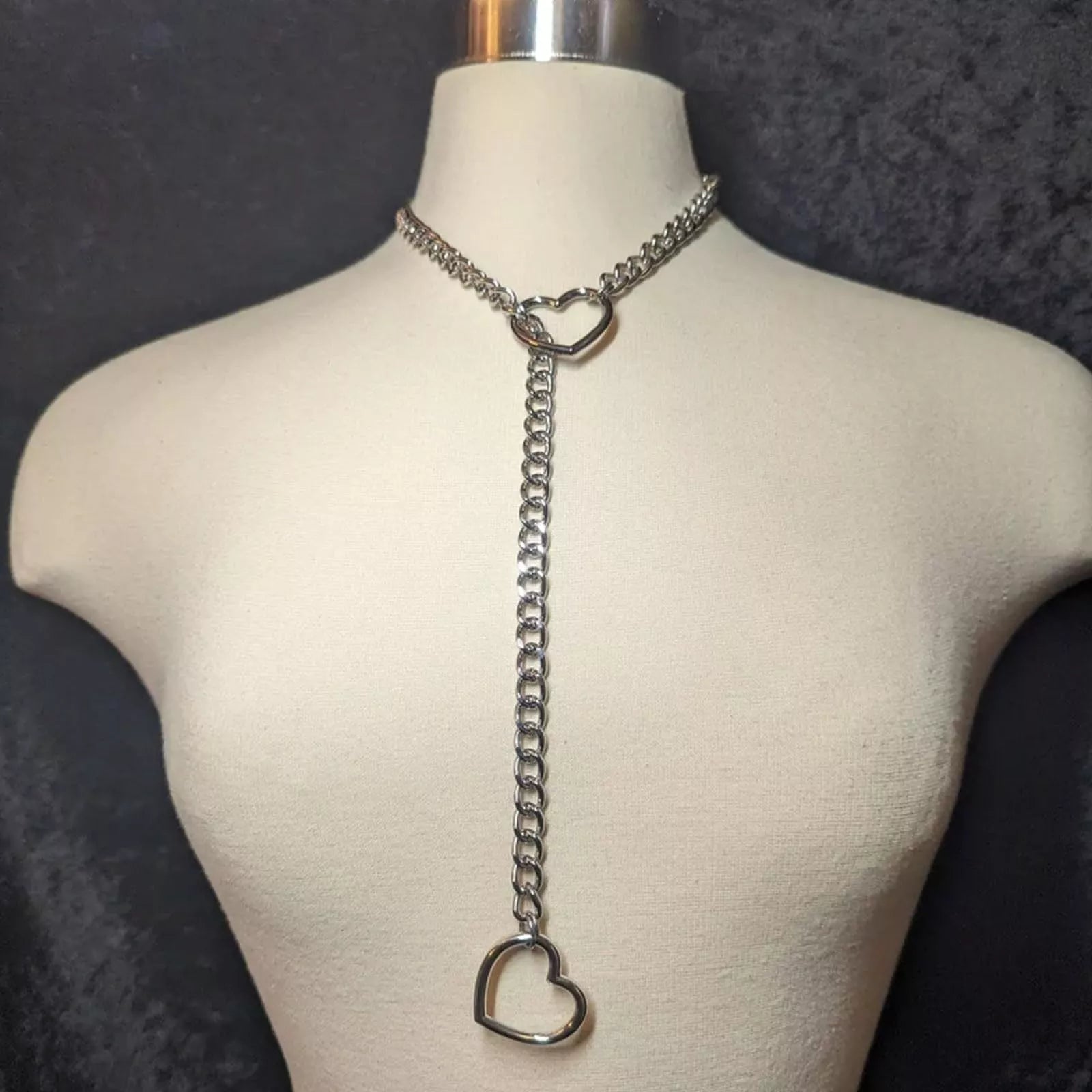 Stainless steel lariat heart necklace with heavy ring and Cuban chain in multiple finishes