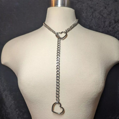 Stainless steel lariat heart necklace with heavy ring and Cuban chain in multiple finishes