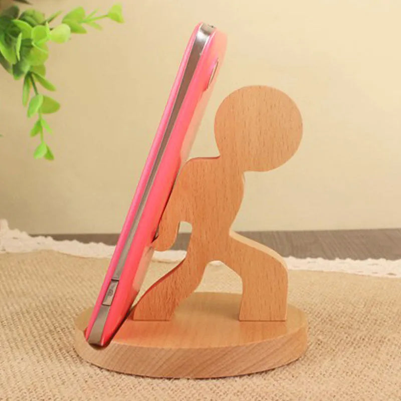 Beech wood mobile phone holder with coin slot showing adjustable angle and resin decorative elements