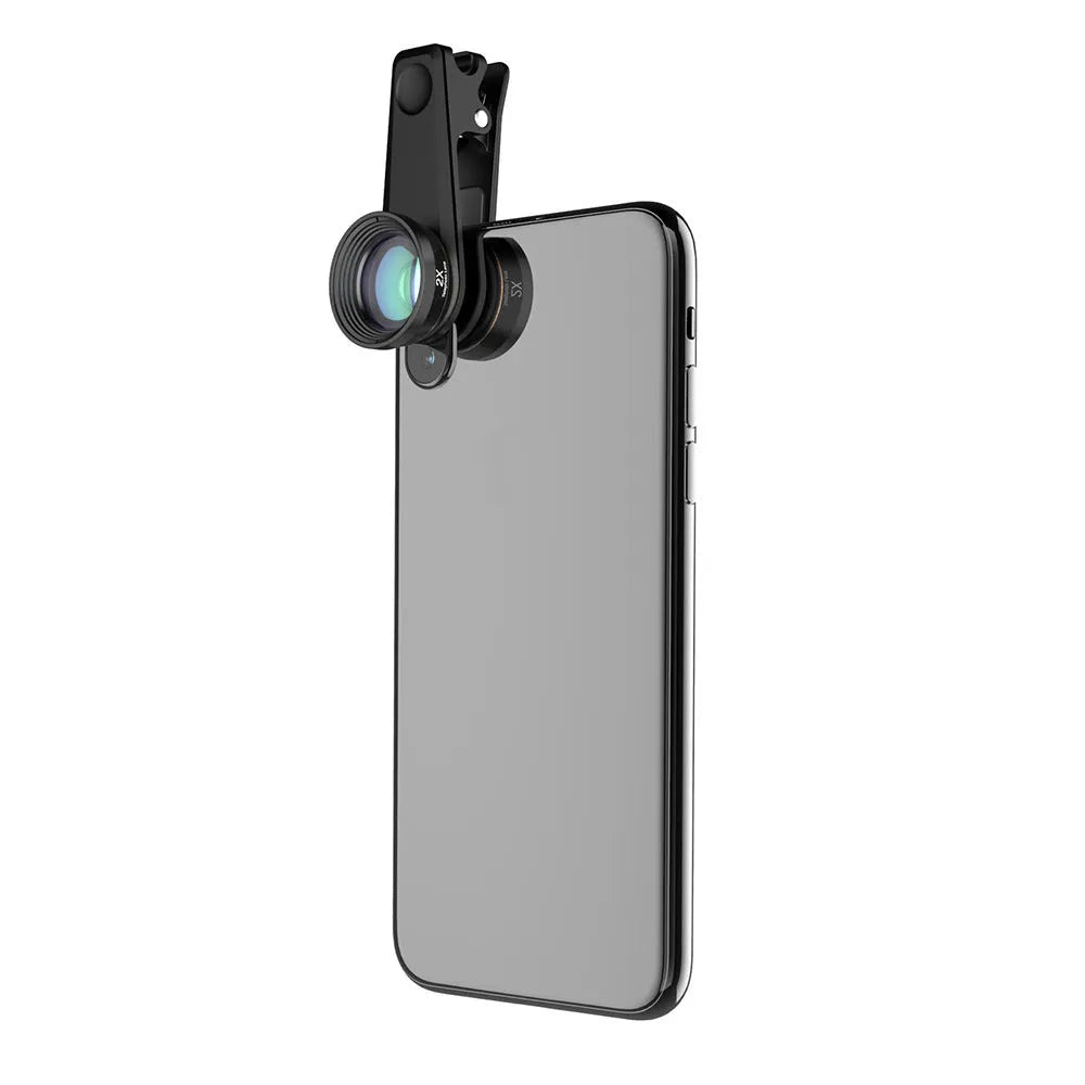 Six smartphone camera lenses including fisheye, macro, telephoto, wide-angle, CPL and star filters with aluminium housings