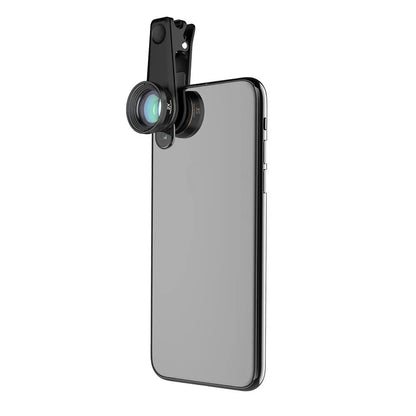 Six smartphone camera lenses including fisheye, macro, telephoto, wide-angle, CPL and star filters with aluminium housings