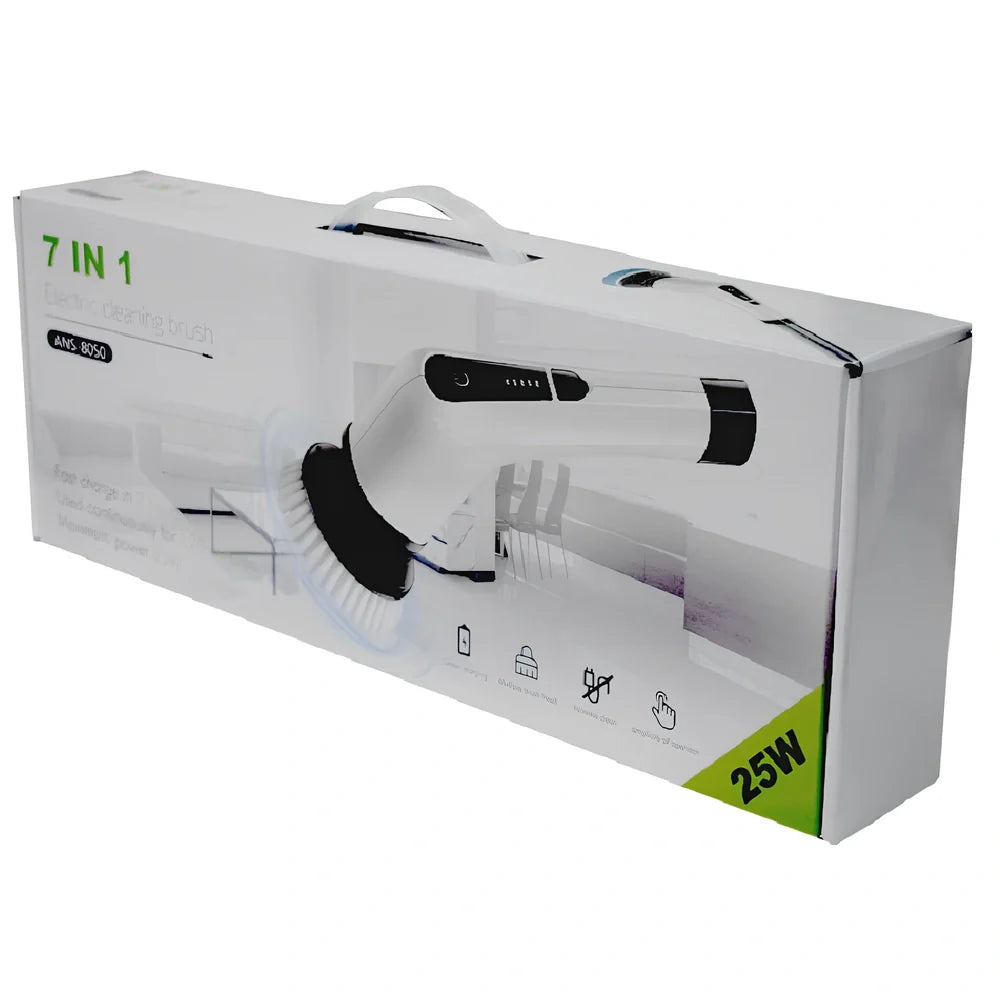 White 7-in-1 electric cleaning brush with telescopic rod and multiple brush heads for kitchen surfaces