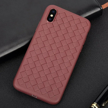 Luxury grid weaving phone case in black with hollow cooling design and raised lips for iPhone protection