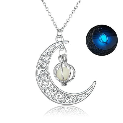 Luminous moon-shaped pendant necklace in various colors, glowing in the dark and emitting a soft, enchanting light