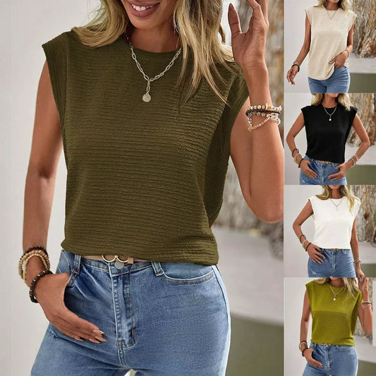 Women's pleated round neck sleeveless vest top in solid colors for summer
