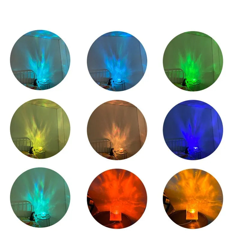 LED water ripple projection night light with remote control on wooden base showing colourful light patterns