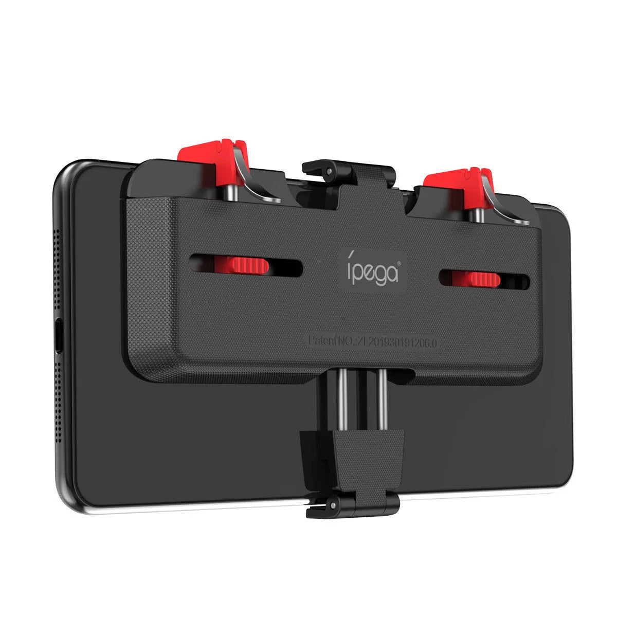 Black mobile gaming phone bracket with an adjustable trigger button and telescopic fixing clip extended.