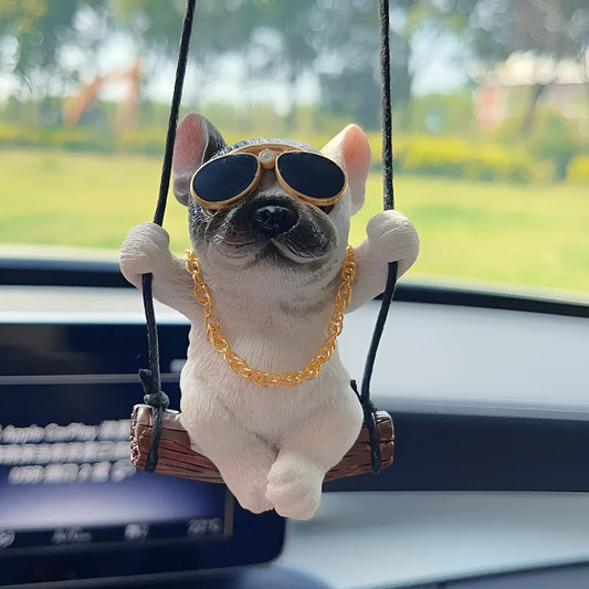 Resin bulldog car pendant ornament hanging from rear view mirror in cartoon style
