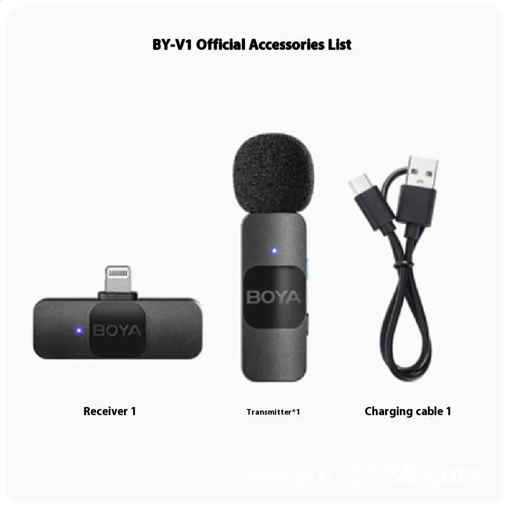Wireless collar clip microphone with 2.4GHz transmission and USB-C charging for mobile live streaming and video recording