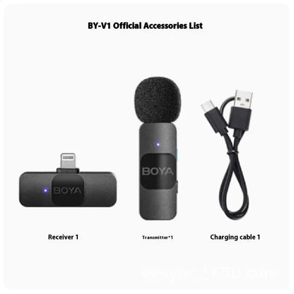 Wireless collar clip microphone with 2.4GHz transmission and USB-C charging for mobile live streaming and video recording