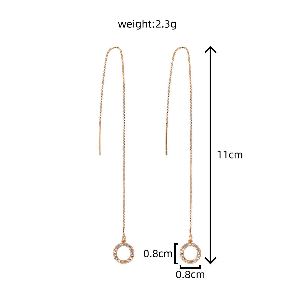 Gold Circle Long Tassel Ear Wire with sparkling zircon accents