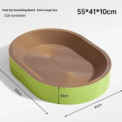 Green oval corrugated paper cat scratch board with 55cm diameter and integrated cat nest