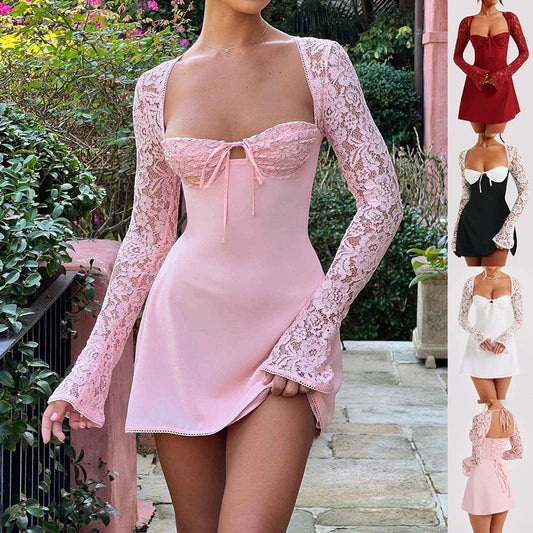 Elegant backless lace-up dress in various colors, featuring long sleeves and a short skirt length