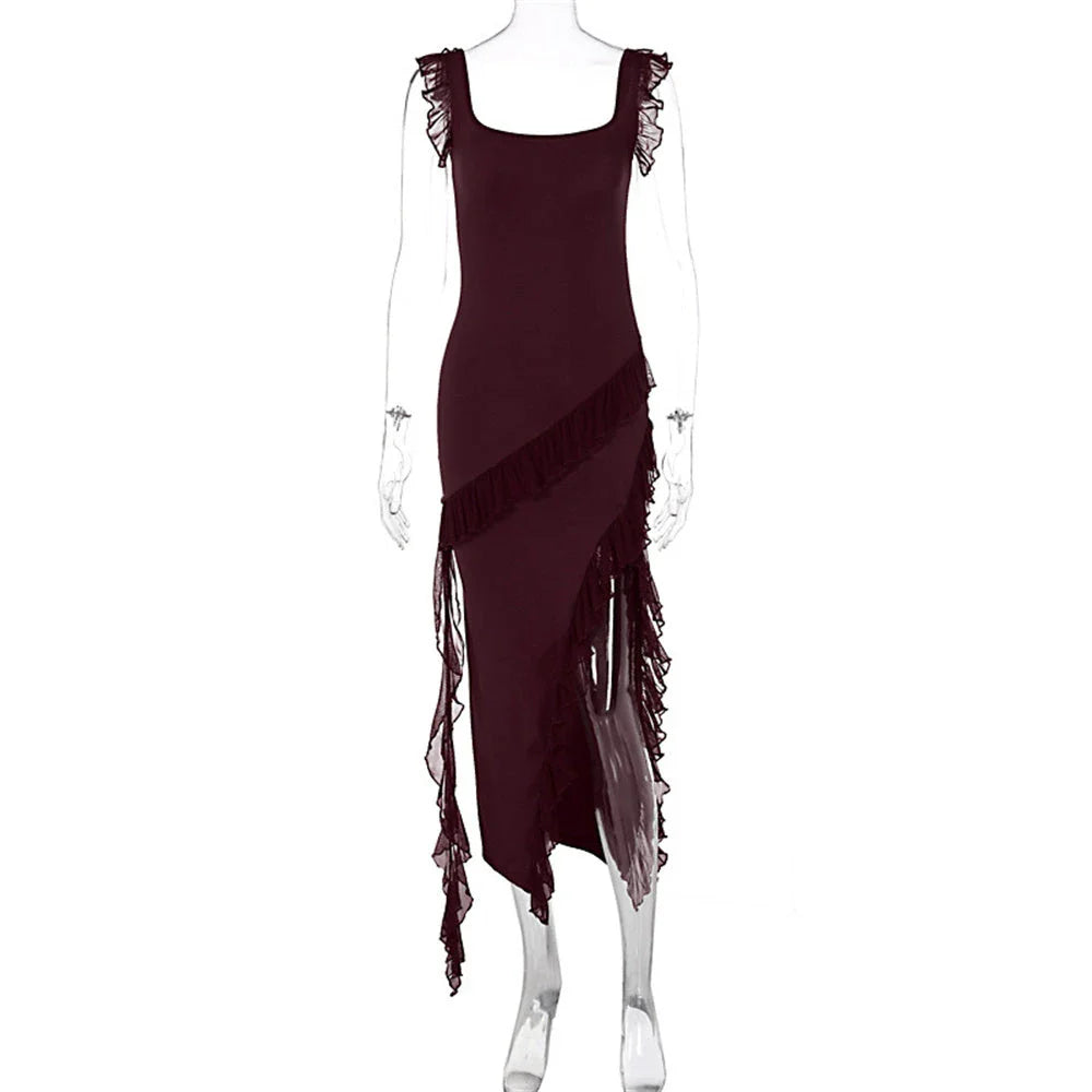 Chic spaghetti strap maxi dress with thigh-high slit in various colors