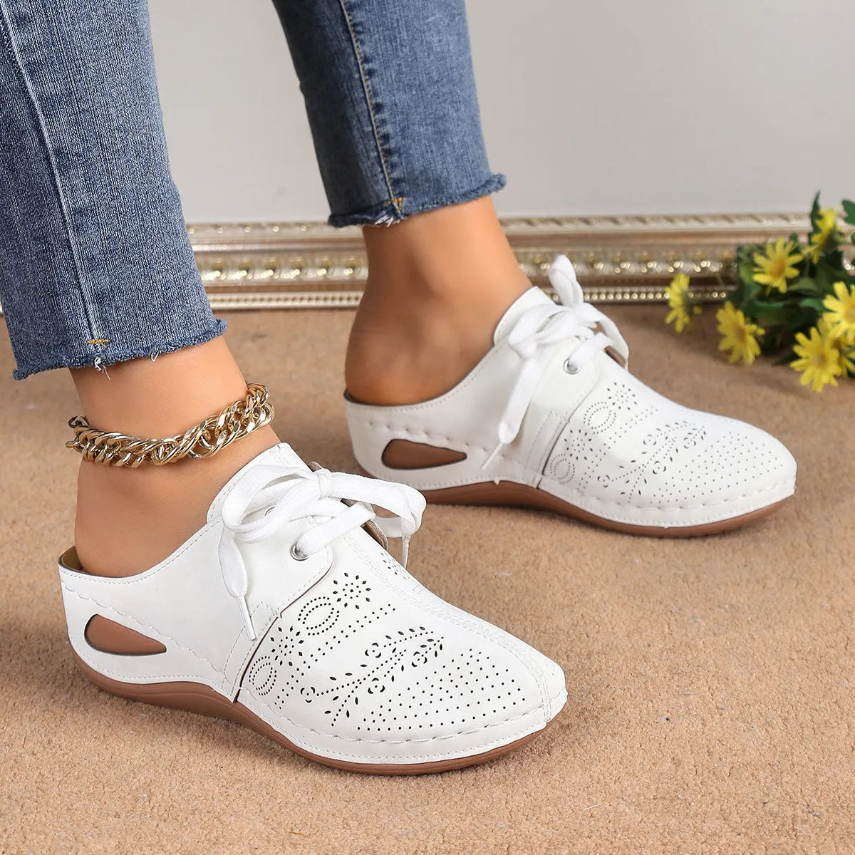 Women's baotou lace-up slippers with hollow out wedges in suede upper and rubber sole, available in multiple colours