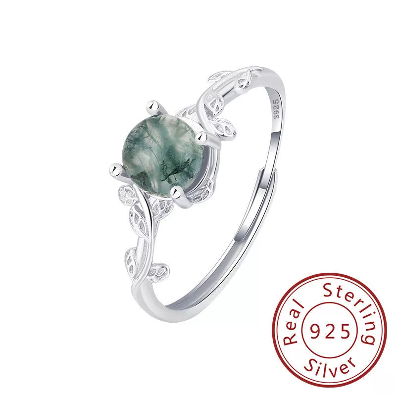 Adjustable S925 silver green moss agate stone finger ring with geometric design