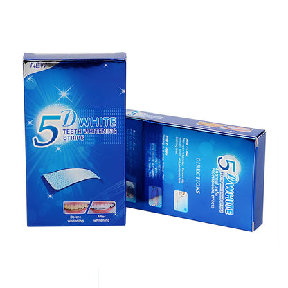 5D Gel Teeth Whitening Strips package showing flexible strips that mould to teeth with no-slip grip