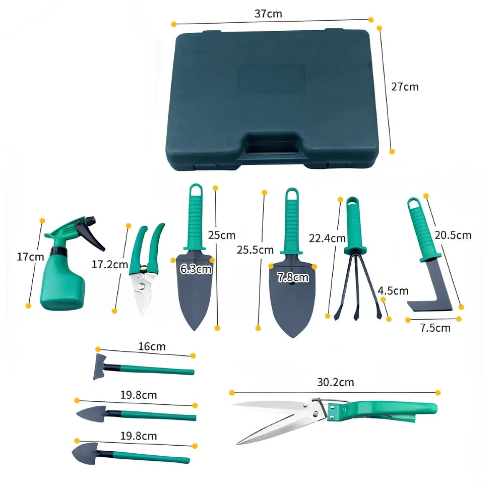 Purple-handled 10-piece rust-proof gardening tool set with sandblasted finish for soil work