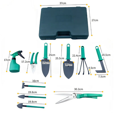 Purple-handled 10-piece rust-proof gardening tool set with sandblasted finish for soil work