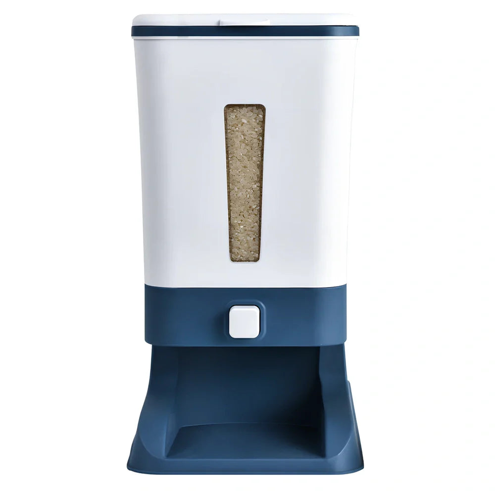 Automatic rice storage container with push-button dispenser and transparent viewing window