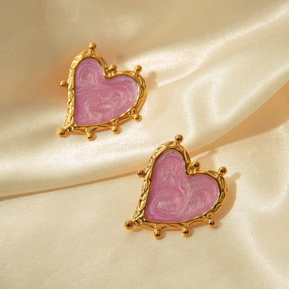 Retro Love Heart Stainless Steel Ear Studs for Women in pink