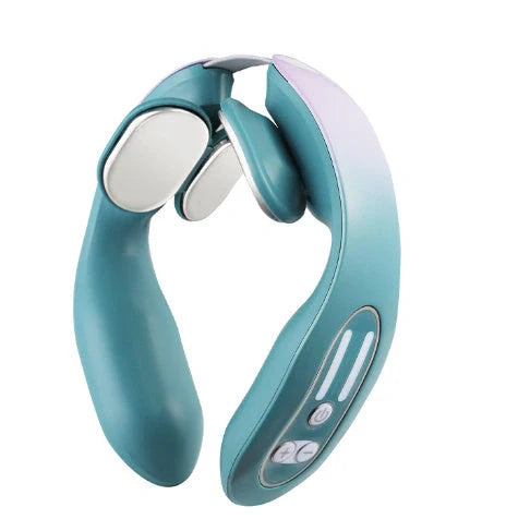 EMS Neck Massager with Heat in blue, showing ergonomic design and USB charging