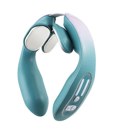 EMS Neck Massager with Heat in blue, showing ergonomic design and USB charging