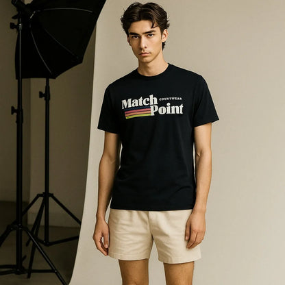 Black men's t-shirt with 3D digital printed text pattern, short sleeves, round neck