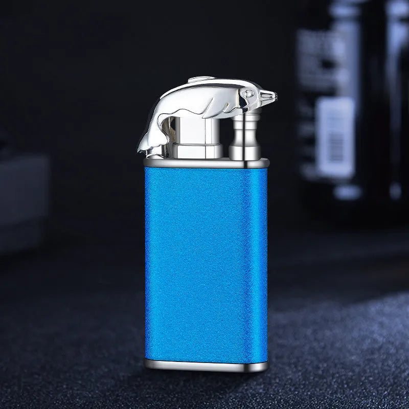 Metal dragon dolphin design double flame windproof lighter with blue jet fire
