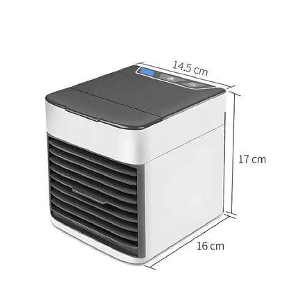 Desktop air conditioner fan with USB cable and water tank showing 7-colour LED lighting and mechanical control dial
