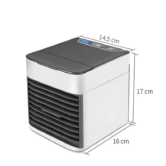 Desktop air conditioner fan with USB cable and water tank showing 7-colour LED lighting and mechanical control dial
