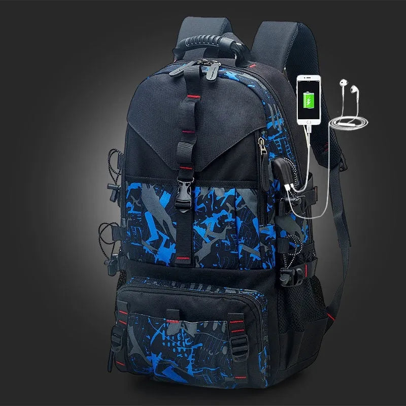 Men's black waterproof Oxford cloth hiking backpack with air pillow shoulder straps showing 56-75L capacity